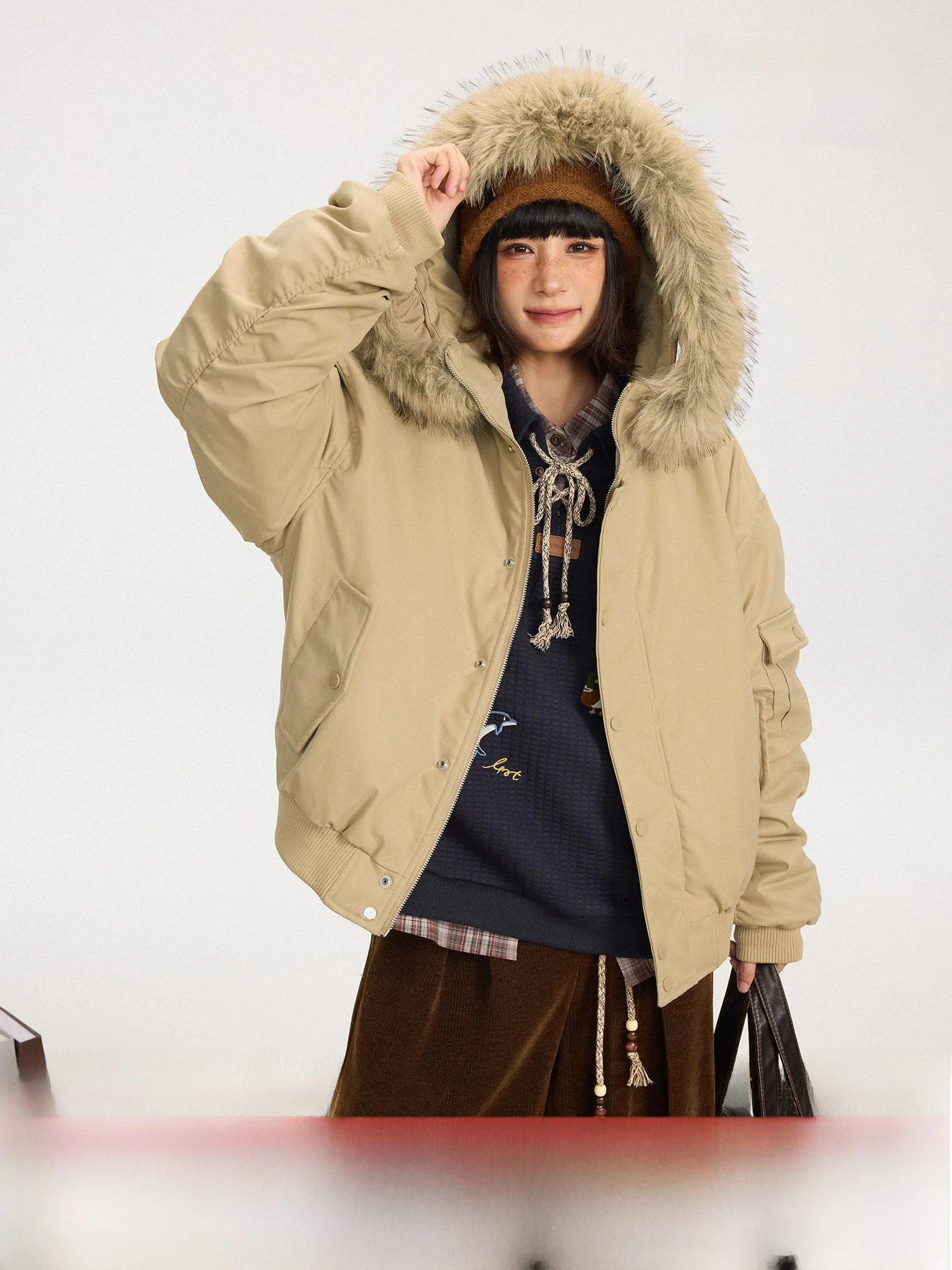 

Retro Workwear Hooded Jaet Pure Color Loose Fit Fur Collar Versatile ort Cotton Coat for Autumn And Winter Casual Sle