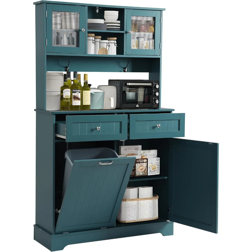 

"Freestanding Tall Kitchen Pantry Cabinet with 2 Drawers and Tilt-Out Trash Bin"