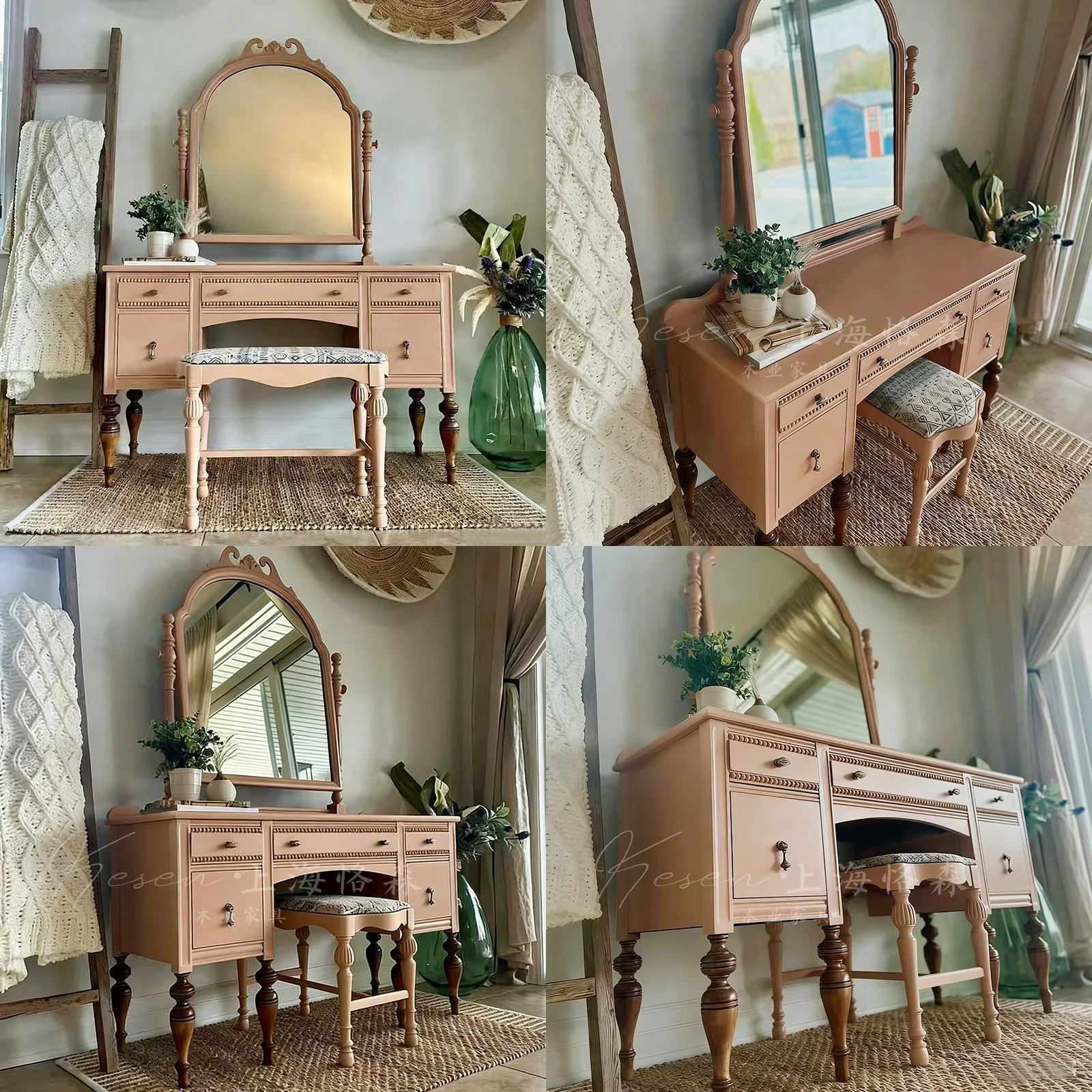 Elegant Solid Wood Vintage Dresser Table for Bedroom Modern Minimalist Makeup Vanity with Mirror Retro Distressed Finish