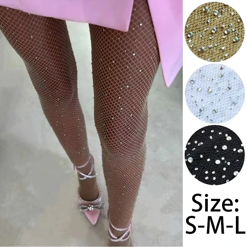1 par de pantimedias de rejilla con diamantes para mujer, medias de red brillantes a la moda sexis ajustadas para fiesta, medias de malla con diamantes de imitación para mujer