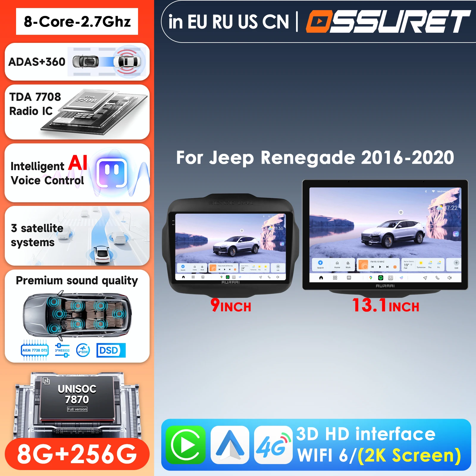 13.1'' 2K QLED Screen Car Radio For Jeep Renegade 2016-2020 Car Intelligent System GPS DSP 4G WIFI  360° ADAS Camera Bluetooth