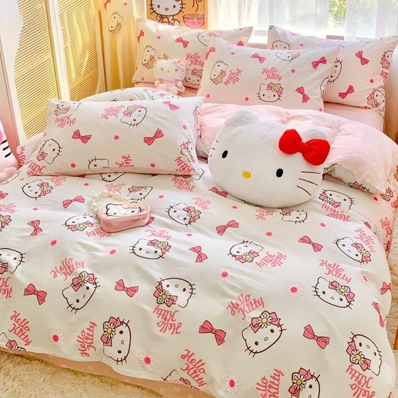 

Мультяшное постельное белье Sanrio Hello Kittys, аниме кавайное мягкое постельное белье из хлопка, набор из четырех частей, милые Креативные подарки для девочек на день рождения