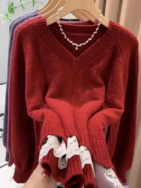 

Red V-Ne Knitted Sweater Women's plus Size Lace Hem oulder-Length Casual Autumn Winter Warm Long Sve Top