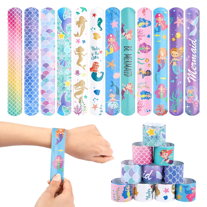 12Pcs Mermaid Themed Glitter Sequins Slap Pop Circle Bracelets for Kids Perfect for Baby Showers Birthday Parties Decor