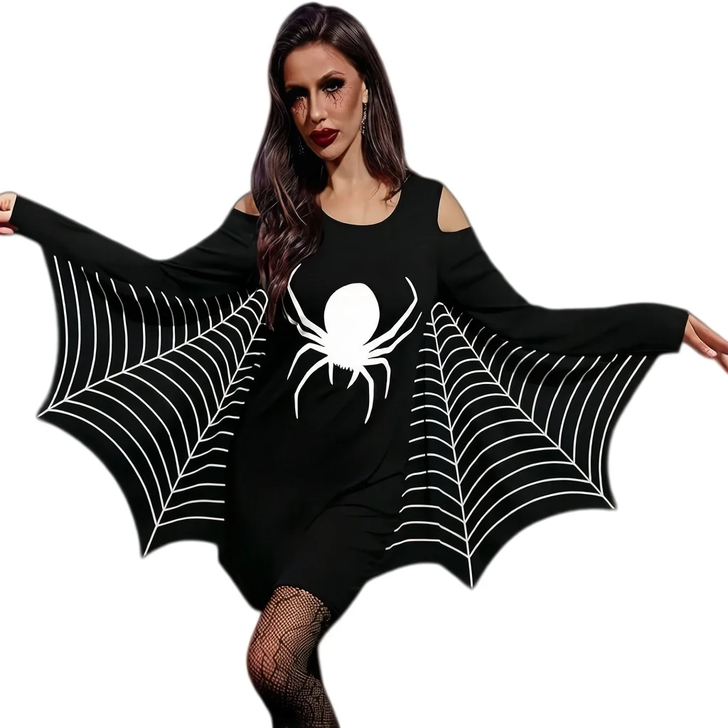 

Plus Size Sexy Black Spider Costume - Halloween Spiderweb Jersey Dress Cosplay Women's Attractively Designed Outfit for Parties