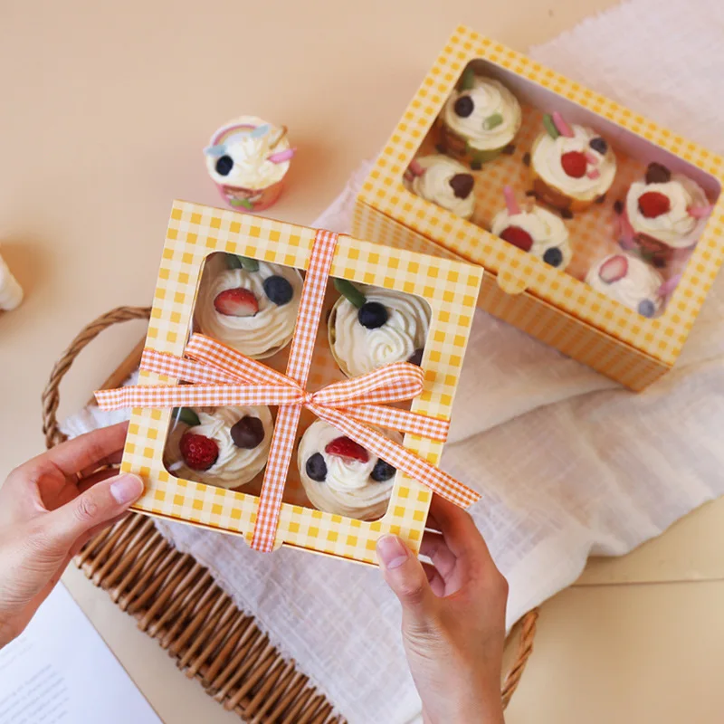 10 PCS 4/6 Insert Yellow Lattice Cupcake Packaging Paper Box Dessert Muffin Mousse Egg Tart Package Wholesale Wedding Engagement