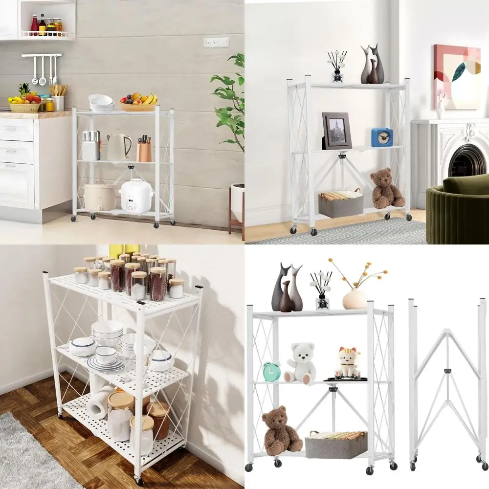 Rak Penyimpanan Baja 3 Tingkat, Kapasitas Berat 550 lbs, Rak Lipat, Organizer Serbaguna untuk Rumah, Kantor, Putih