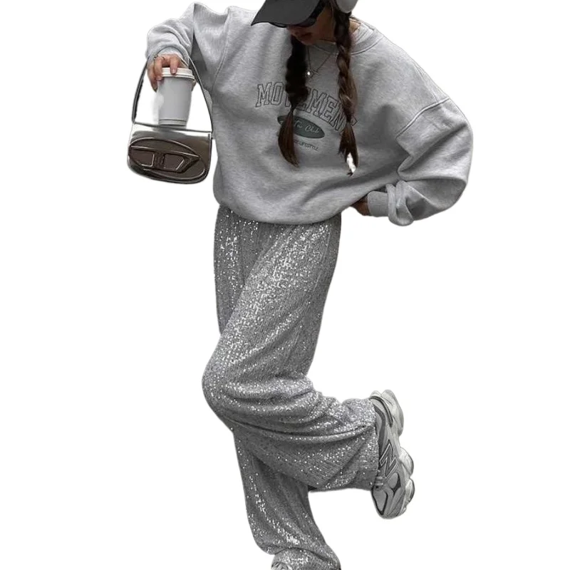 Elegant Sequined Pants Y2K Pearl Sequined Straight Mop Pants Spring and Autumn Fashion Commuter Women's Wear