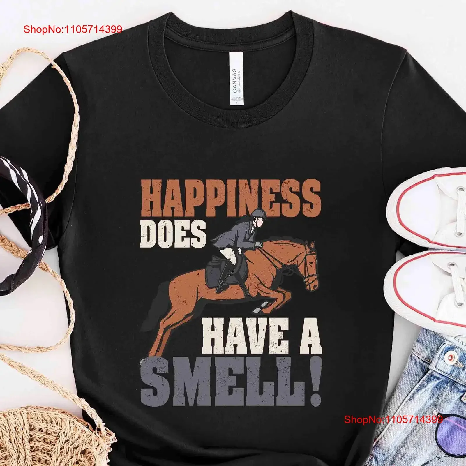 Horse T Shirt Happiness Does Have A Smell Lover Rider Owner Trainer HOR218F01 vintage Washed Stylish homme Stretched Unisex