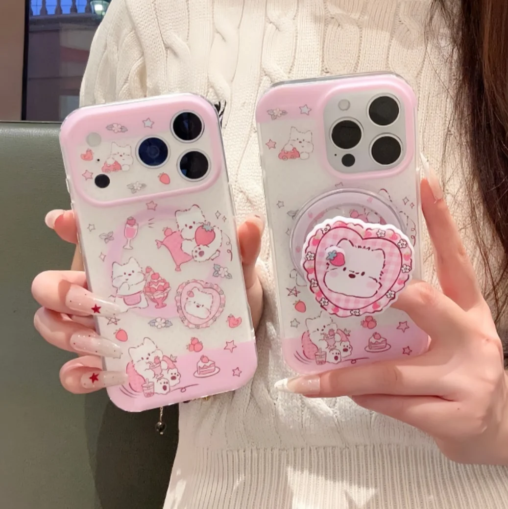 

Korea Cute cartoon strawberry Cat Magsafe Wireless Charge Phone Case For iPhone 15 16 17Pro Max 3D love grid Cat Magnetic Cover
