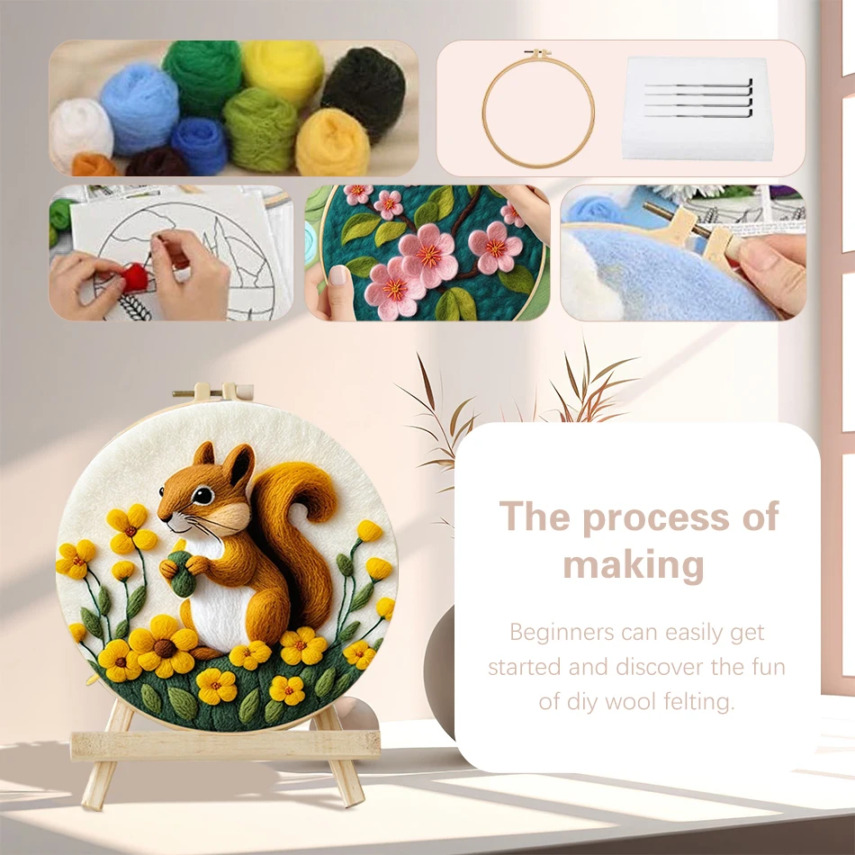 PhotoCustom 20x20cm Diy Wool Painting Kits With Frame Animal Cat DIY Wool Needle Felt Painting Picture Decors Felt Needle Set