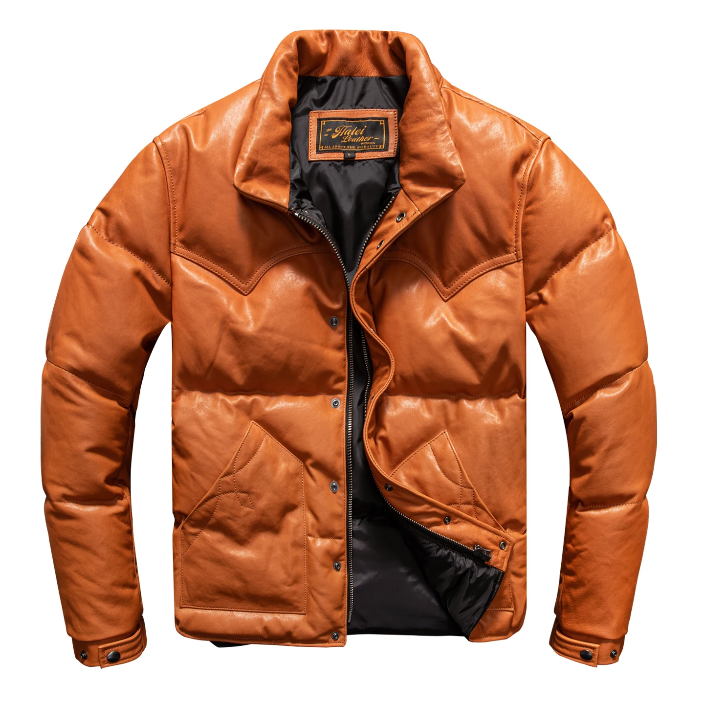 

Orange Winter Leather Down Jacket Men Casual Style Plus Size 5XL Genuine Natural Sheepskin Turn-Down Collar Thick Warm Coat
