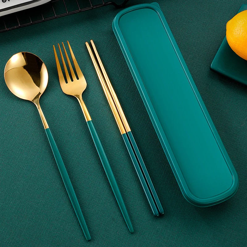 4 pçs talheres com suporte de caixa de louça colher garfo pauzinhos conjunto de talheres de viagem inoxidável conjunto de talheres de viagem utensílio caso