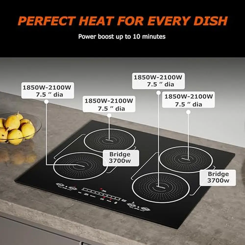Electric Induction Cooktop 24 Inch 4 Burners Glass Top Bridge-SYNC Timer Safety Lock Child Lock