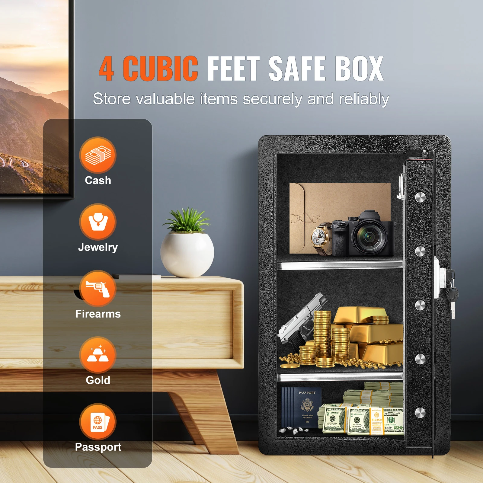 SucceBuy Single/Double Door Safe Box with Key Lock Password & Fingerprint Safe Lock Box with Fireproof Bag Key Rack & LED Light