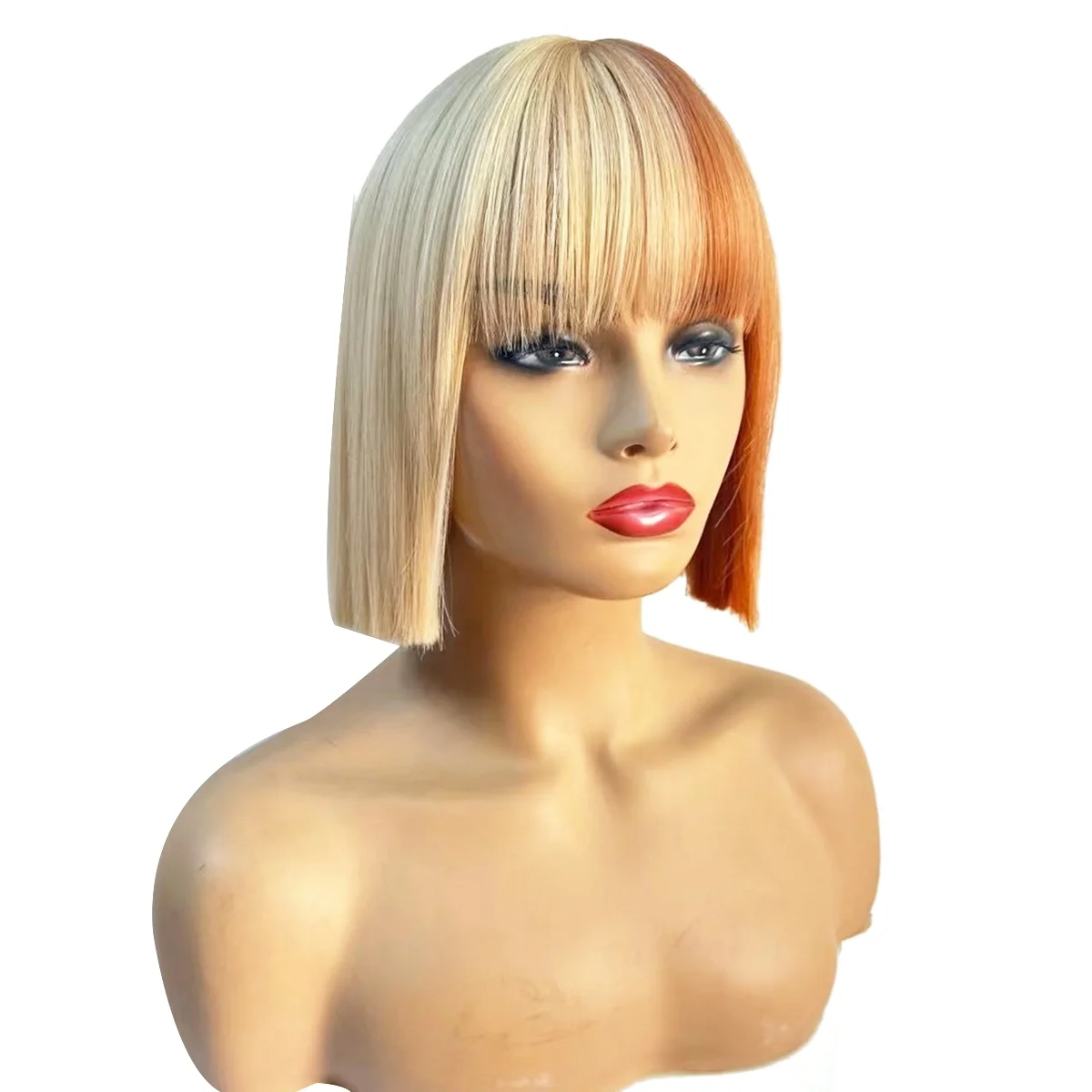 A72Z  10 Inches Wig with Bangs Pumpkin Beige Brown Shoulder Length Synthetic Wig Use Short Straight Wig Set