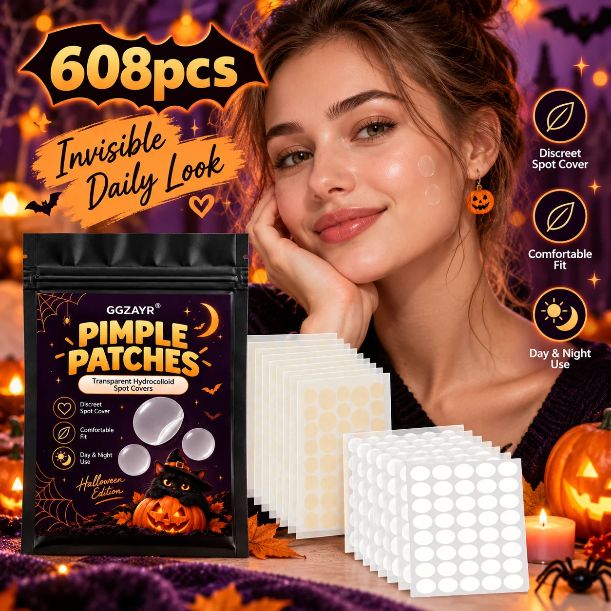 608PCS Halloween Edition Pimple Patch Stickers, Transparent Hydrocolloid Spot Cover Set, Cute Beauty Accessories for Party Seaso - view 2