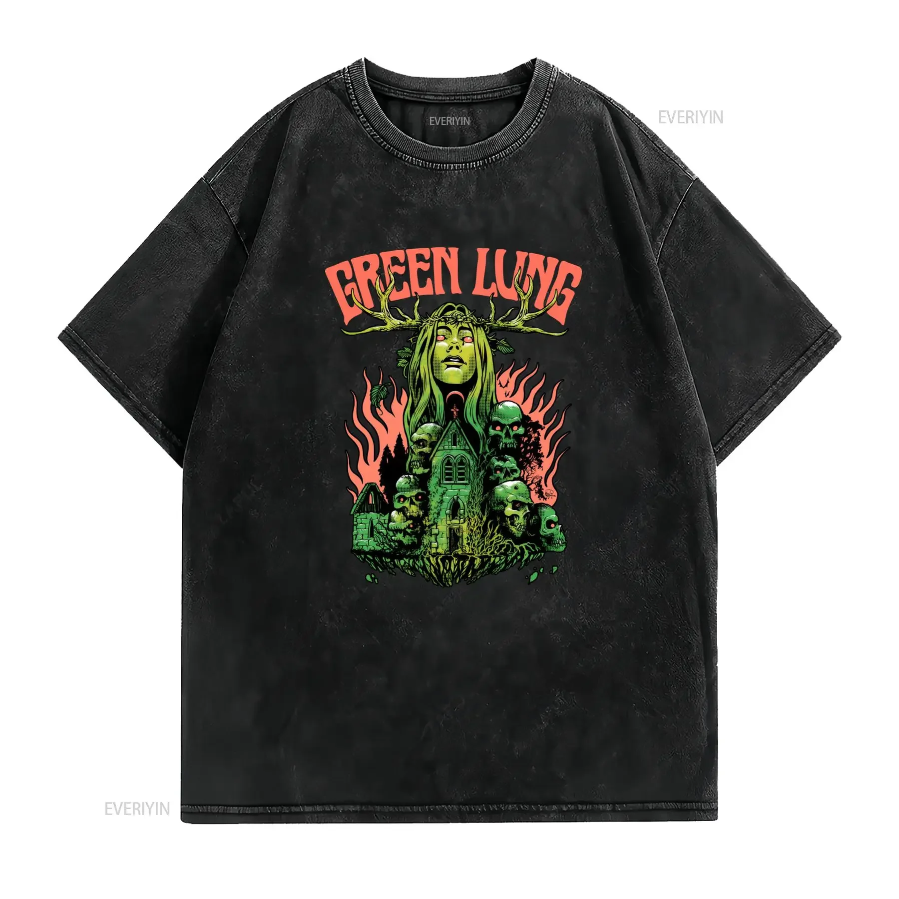 Men'S Vintage Green Lung Band Album T Shirt Black with Fiery Red Logo Print Gothic Music Design All Season Comfort Fit vintage