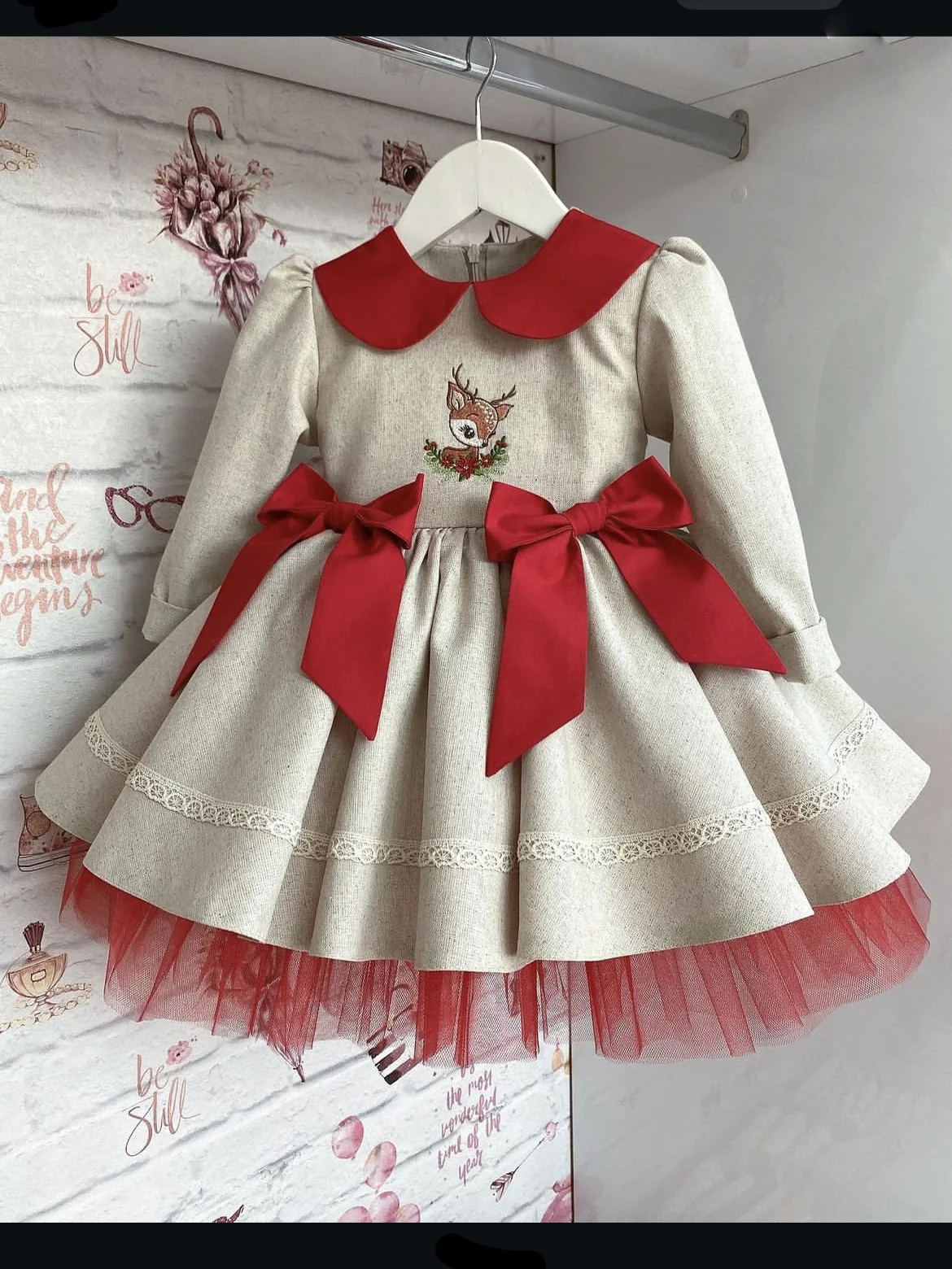 0-12Y Baby Girl Autumn Khaki Deer Embroidery Long Sleeves Vintage Spanish Princess Ball Gown Dress for Eid Causal Christmas