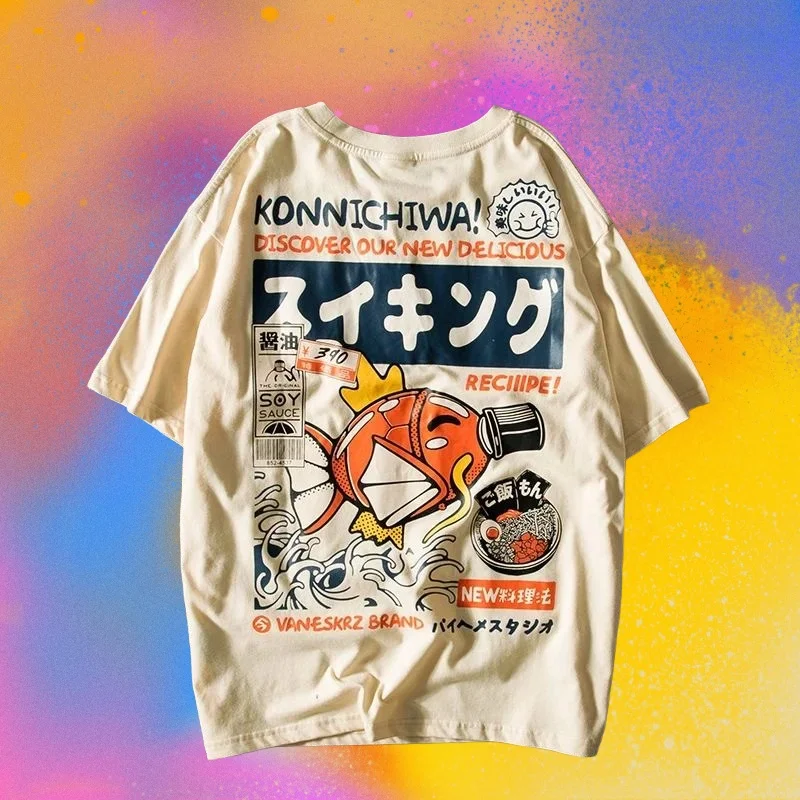 

MOTO-2025 clothing summer Harajuku Japan carp short sleeved T-shirt men's street loose couple top