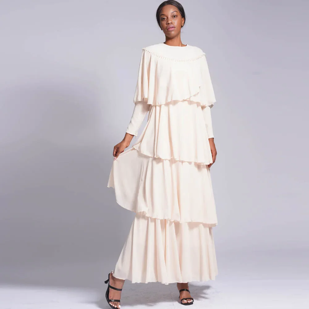 Eid djellaba pérola contas abaya babados camada capa manto maxi vestido feminino muçulmano vestido de noite islam roupas dubai turquia kaftan