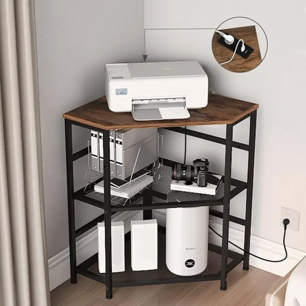 Corner Printer Stand Table With Power Outlet Charging Plugs USB Port Adjustable Storage Shelf Computer Tower CPU Stand Holder