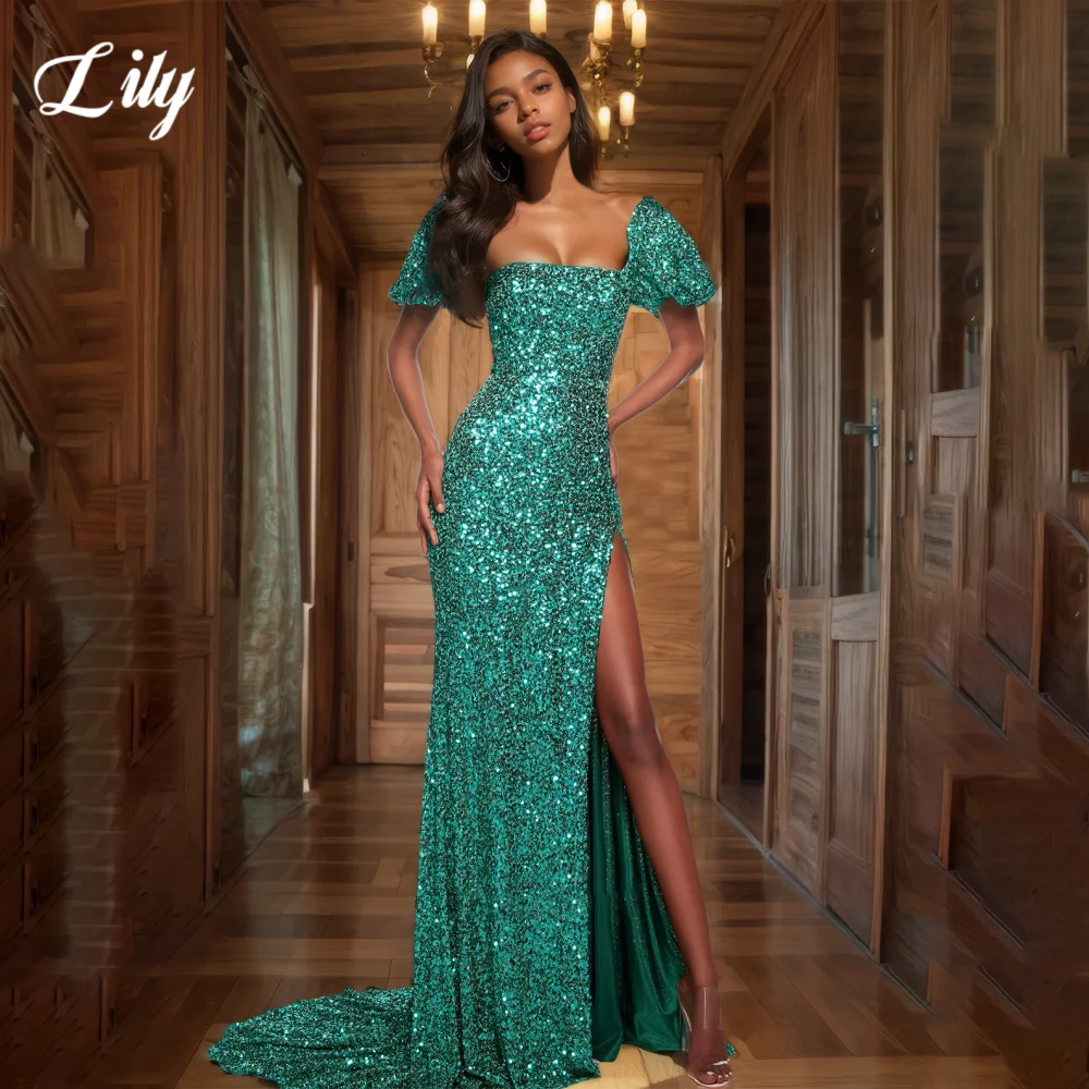

Lily Green Gorgeous Prom Dress Scoop Short Sleeve Mermaid Sexy Celebrity Dress Shiny Appliques Side Split Formal Gown Customized