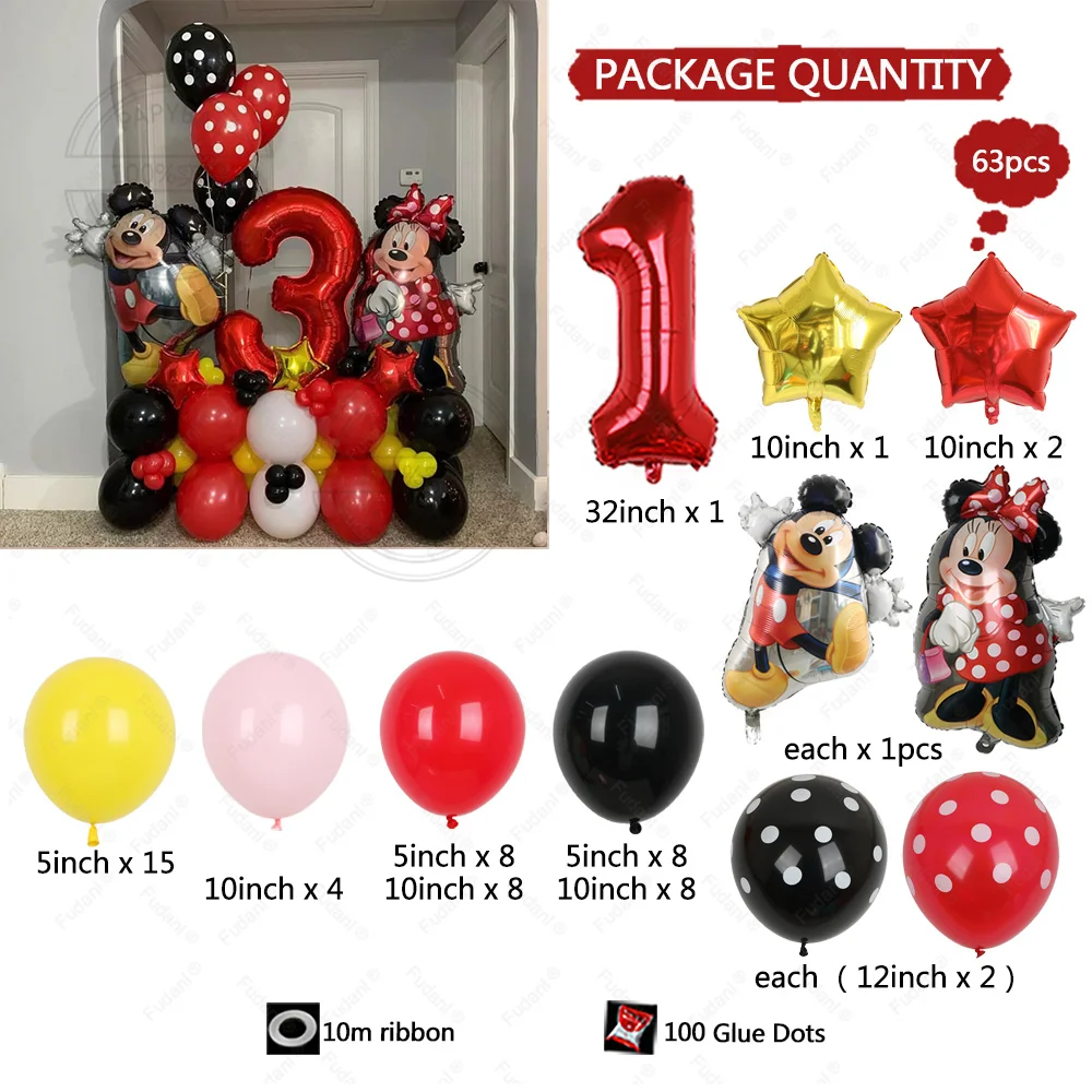 63 pz/set Cartoon Mickey Minnie Mouse Foil Balls 5/10 pollici rosso giallo palloncini in lattice per bambino 1-9th Birthday Party Decors Supply