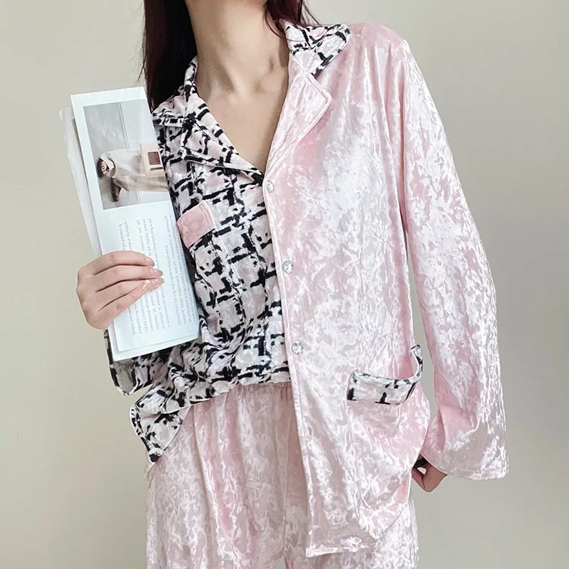 

Pajamas New Autumn Winter Elegant Trouser Suits Fashion Velvet Women 2PCS Sleepwear Set Pink Patchwork Plaid Loungewear Homewear