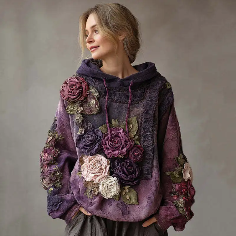 Large Size Vintage Bohemian 3D Rose Printing Purple Oversized Hoodies Sweatshirt Women Aesthetic Clothes Autumn Street Fashion