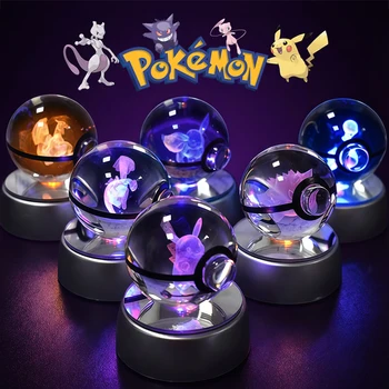 Pokemon Crystal Ball 3D Mewtwo Pikachu Gengar Pokeball 3D Night Light Lamp Glass Statue Pokemon Crystal Ball Birthday Gift