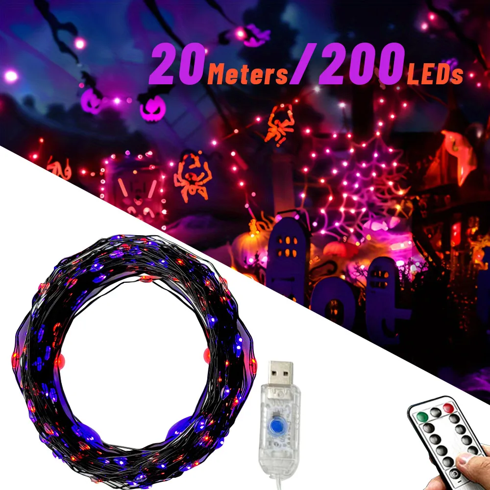 Halloween Fairy Lights USB 20M 200LED Auto Timer 8 Modes Waterproof  for Outdoor Garden, Yard, Fence Decor (Purple & Orange)