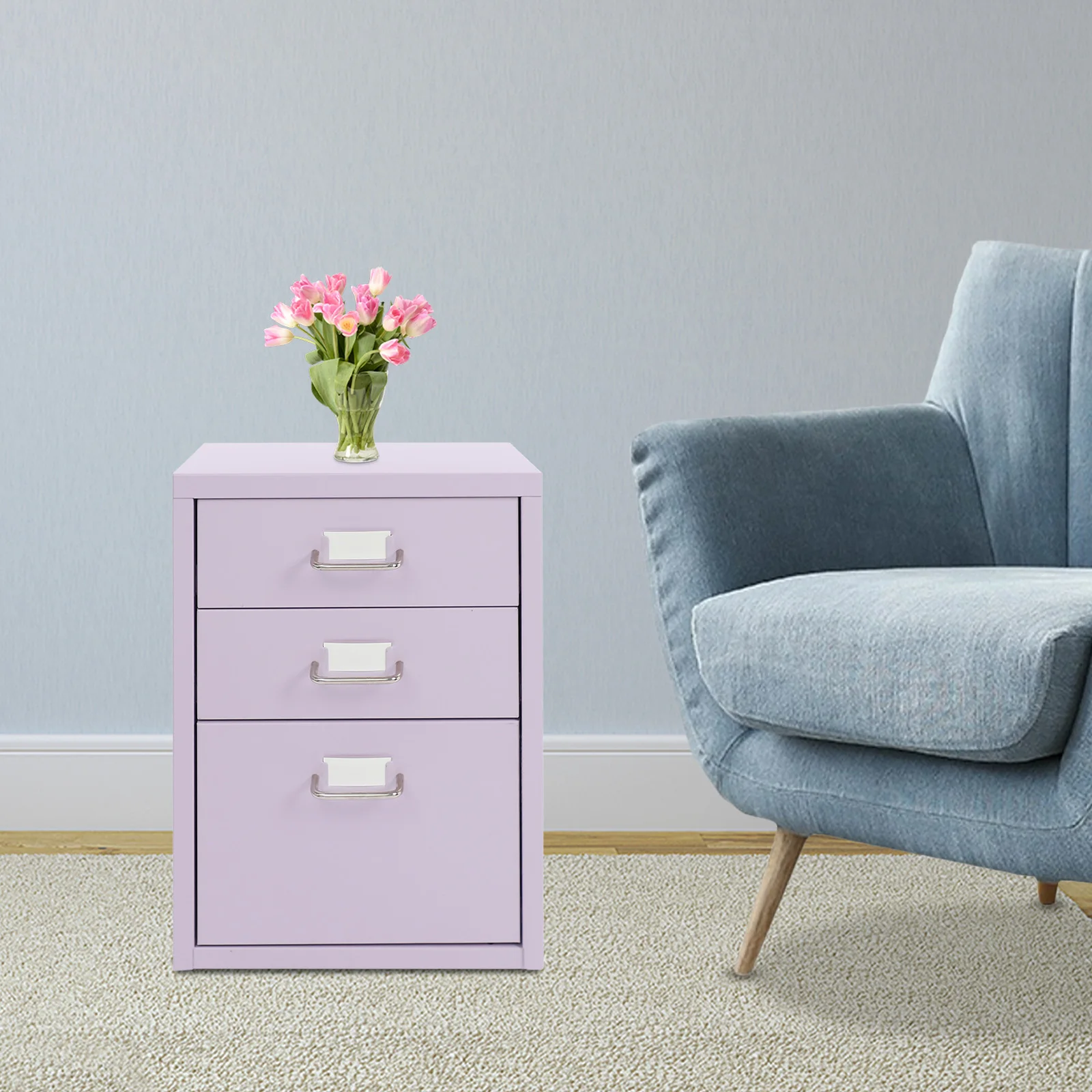 خزانة ملفات متنقلة، خزانة ملفات مع 3 أدراج، خزانة تخزين معدنية بعجلات باللون الأحمر والأرجواني للمكتب المنزلي