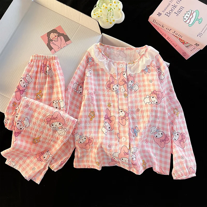 Cute Melody Girl's Sleepwear Cartoon Cloud Cotton Printed Floral Shirt Long Sleeved Long Pants Spring and Autumn Home Suit Wear