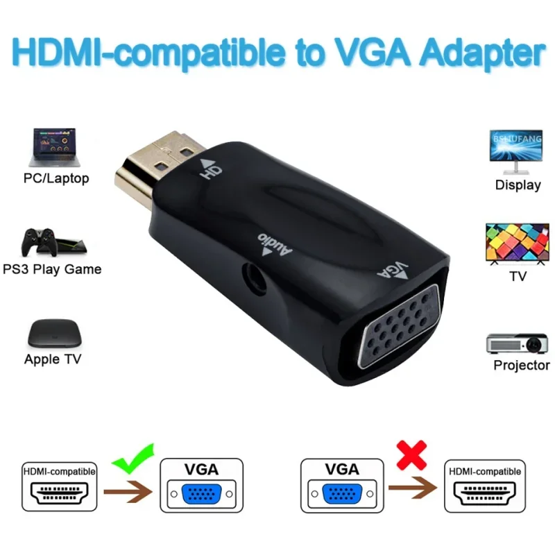 Convertidor de Cable HDMI compatible con VGA, adaptador convertidor macho a hembra, conector de 3,5mm, Audio HD 1080P para PC, portátil y tableta