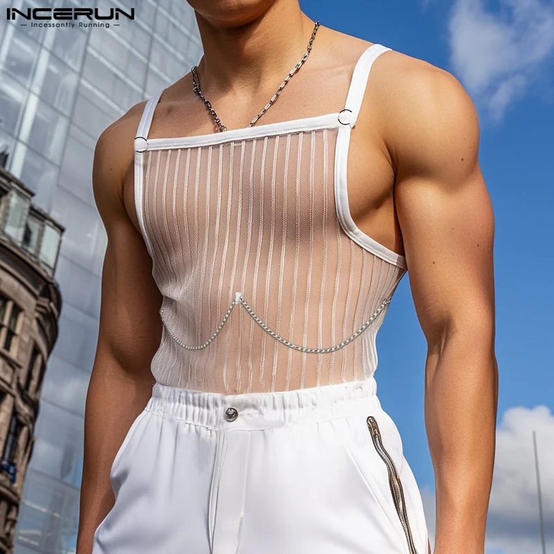 

INCERUN Summer Men Tank Tops Striped Mesh See Through Sleeveless Male Vests Sexy Chain Decoration Streetwear Men Clothing S-5XL