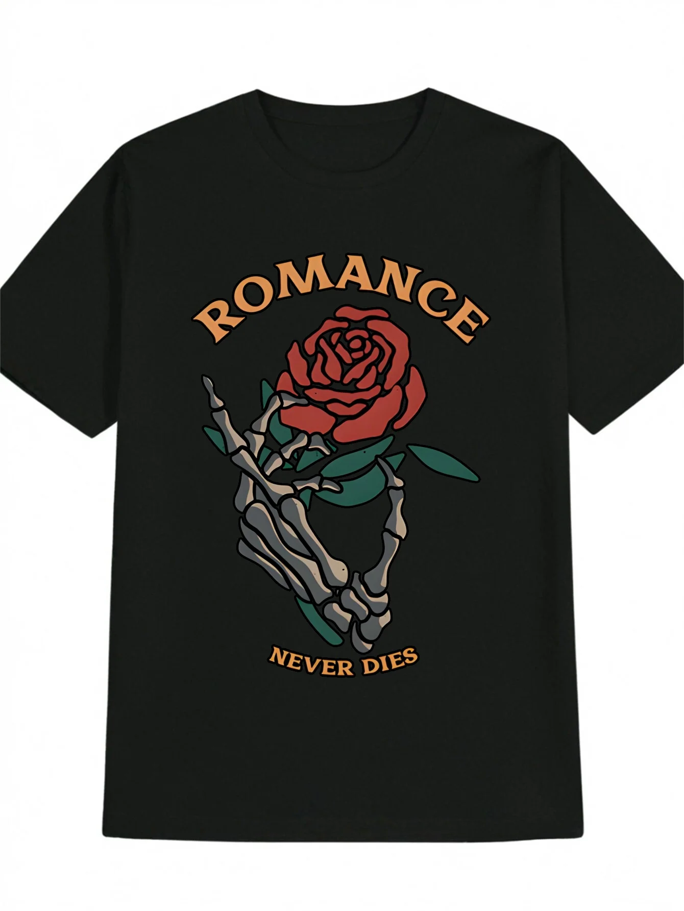 

Men's Casual Graphic T-Shirt Black with Red Rose Skeleton Hands Romance Never Dies Print Round Neck Tee Regular Fit Unique