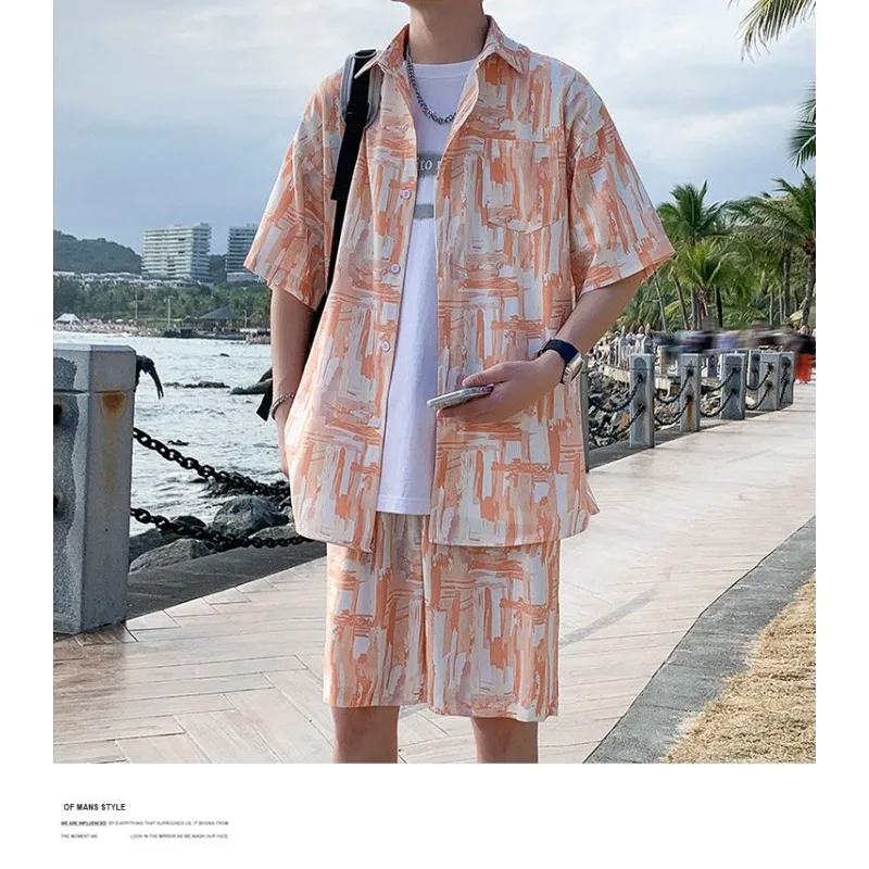 

Fashionable Lapel Short Sleeve Button Spliced Shirt Suit Men's Quick-Drying Home and Travel Two-piece Set