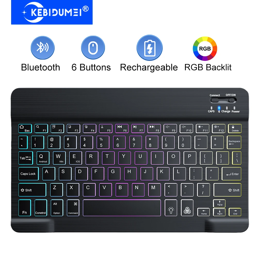 لوحة مفاتيح بلوتوث KEBIDUMEI لوحة مفاتيح صغيرة RGB لوحة مفاتيح بإضاءة خلفية قابلة لإعادة الشحن لوحة مفاتيح ألعاب محمولة لنظام IOS وأندرويد ويندوز