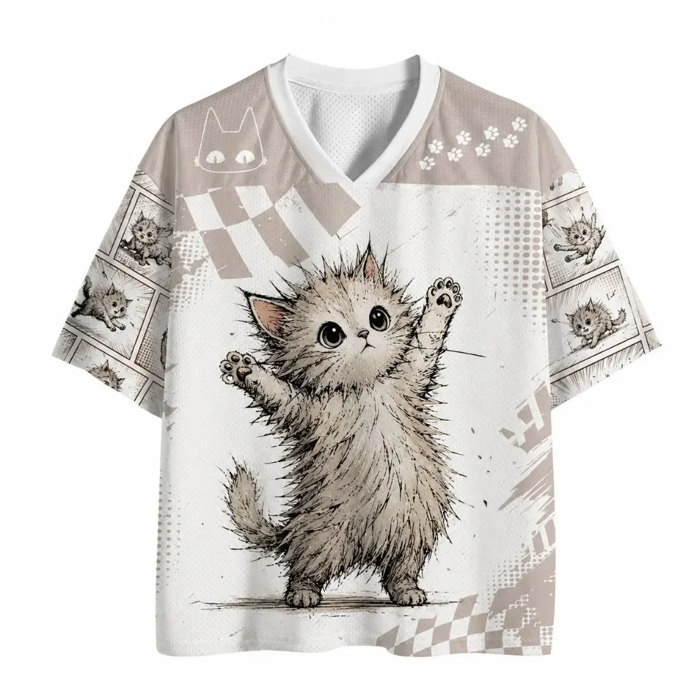 Harajuku Kirschblüten-Katzenpfoten 3D-Druck Sport Schnelltrocknend Atmungsaktiv Herren V-Ausschnitt T-Shirt Outdoor Street Casual Eltern-Kind-Kleidung – Detail 6
