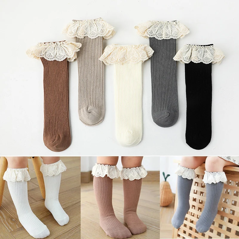 Baby Girls Knee High Socks Long Kids Soft Cotton Lace Stuff Princess Children Sock Ruffle Leg Warmers Cute Girl Socks For 0-8 Y