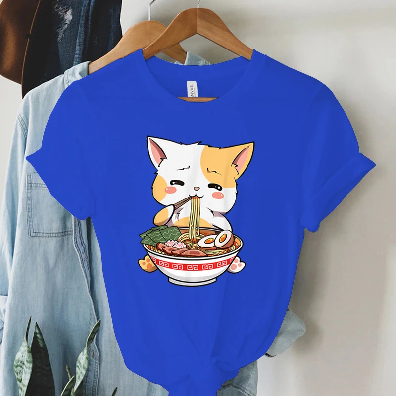 

Футболка с принтом Lovely Cat Ramen, милая футболка с рисунком, повседневная рубашка, женская свободная модная трендовая футболка большого размера, летняя рубашка Cat Ramen