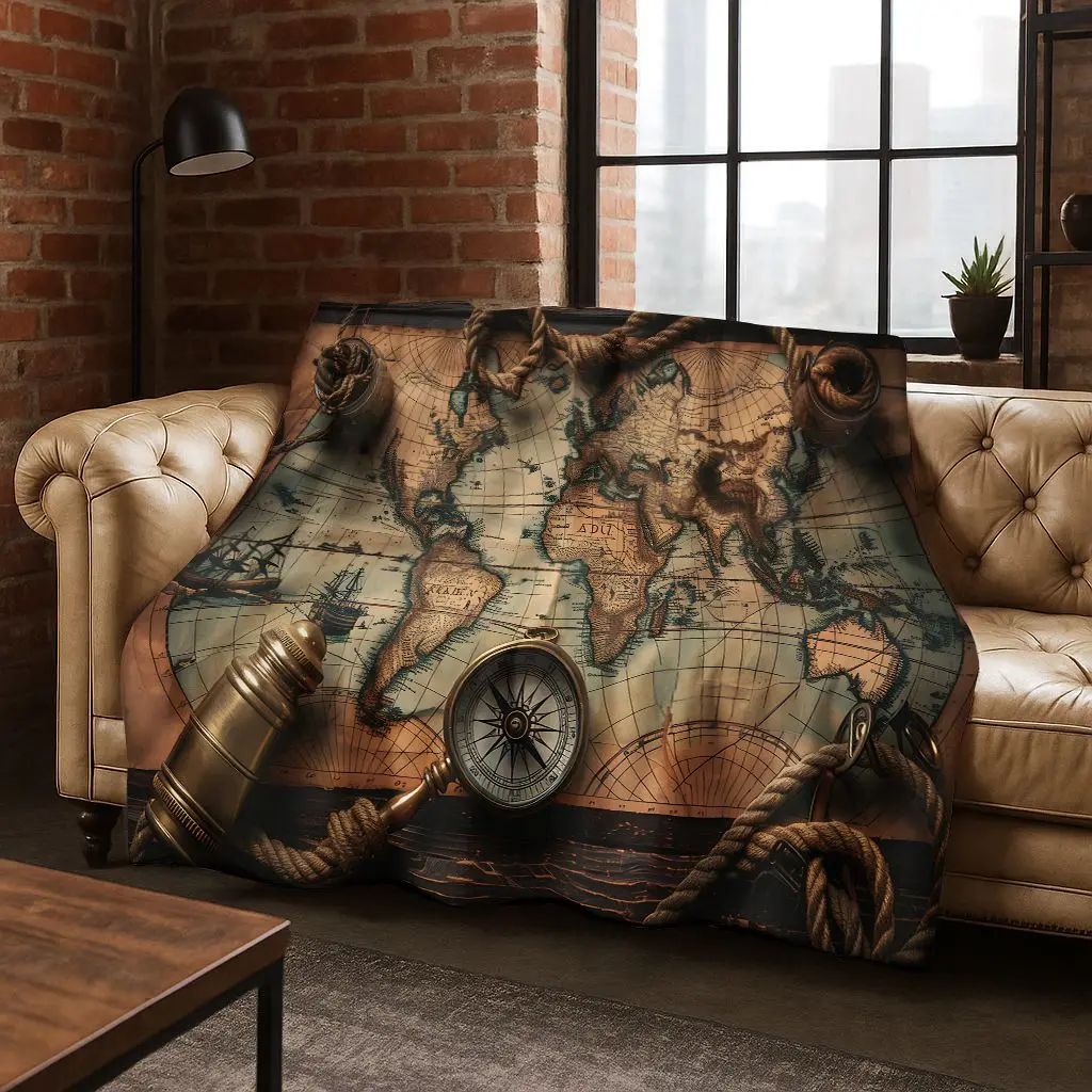 Retro Nautical Map Chart Treasure Map Compass Flannel Blanket,Cozy Soft Throw Blanket for Home Bedroom Bed Sofa Cover Gift Kids