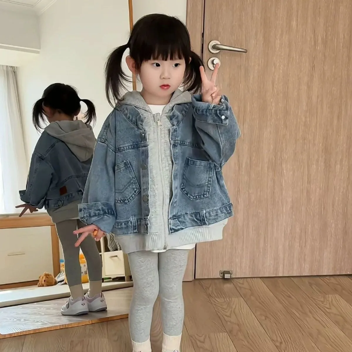 

Girls' Jacket Spring and Autumn New Style Children's Versatile Deinm Fake Two piece Top Fashionable Casual Loose Coat
