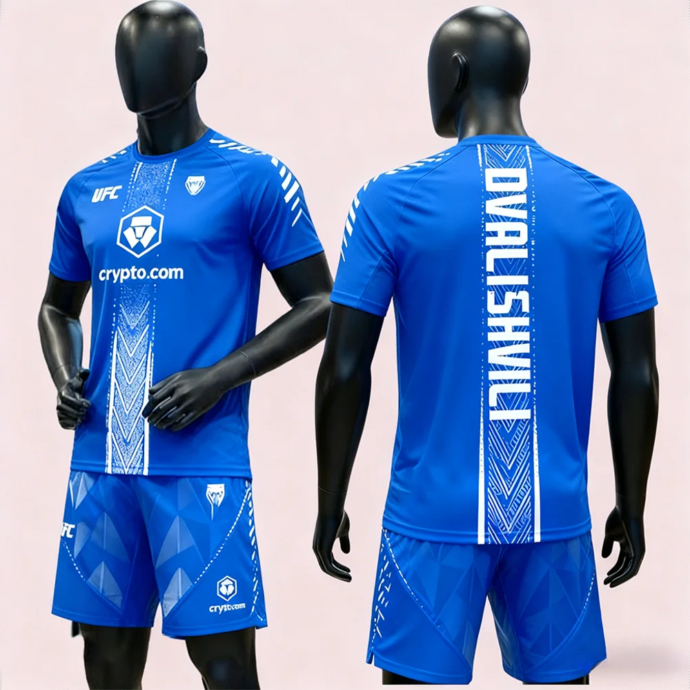 

New UFC 323 Merab Dvalishvili Fight Night Blue/White T-shirt Shorts Men MMA Oversized Breathable Boxing Jujutsu Training Set