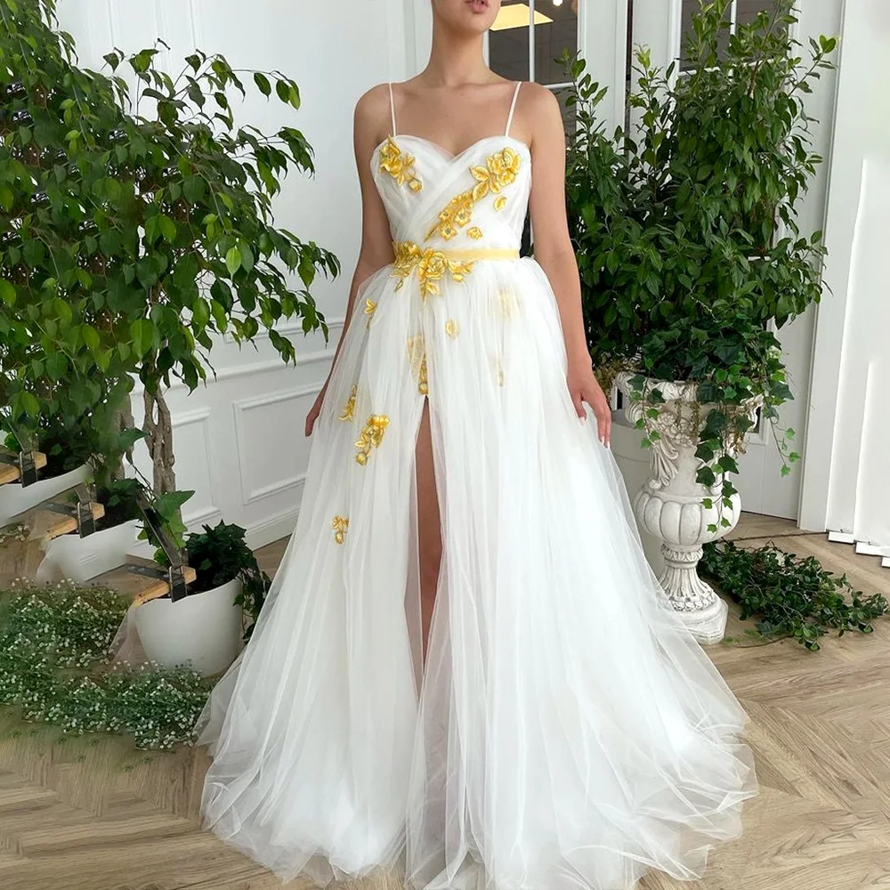 

White Sweetheart A Line Graduation Prom Dresses Flower Appliques Spaghetti Straps Side Split Tulle Long Homecoming Party Dress