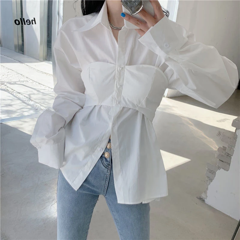 Elegant Patchwork Shirts Women Korean Fake Two Pieces White Blouses Streetwear Office Outfits Fashion Long Sleeve Chic Tops New