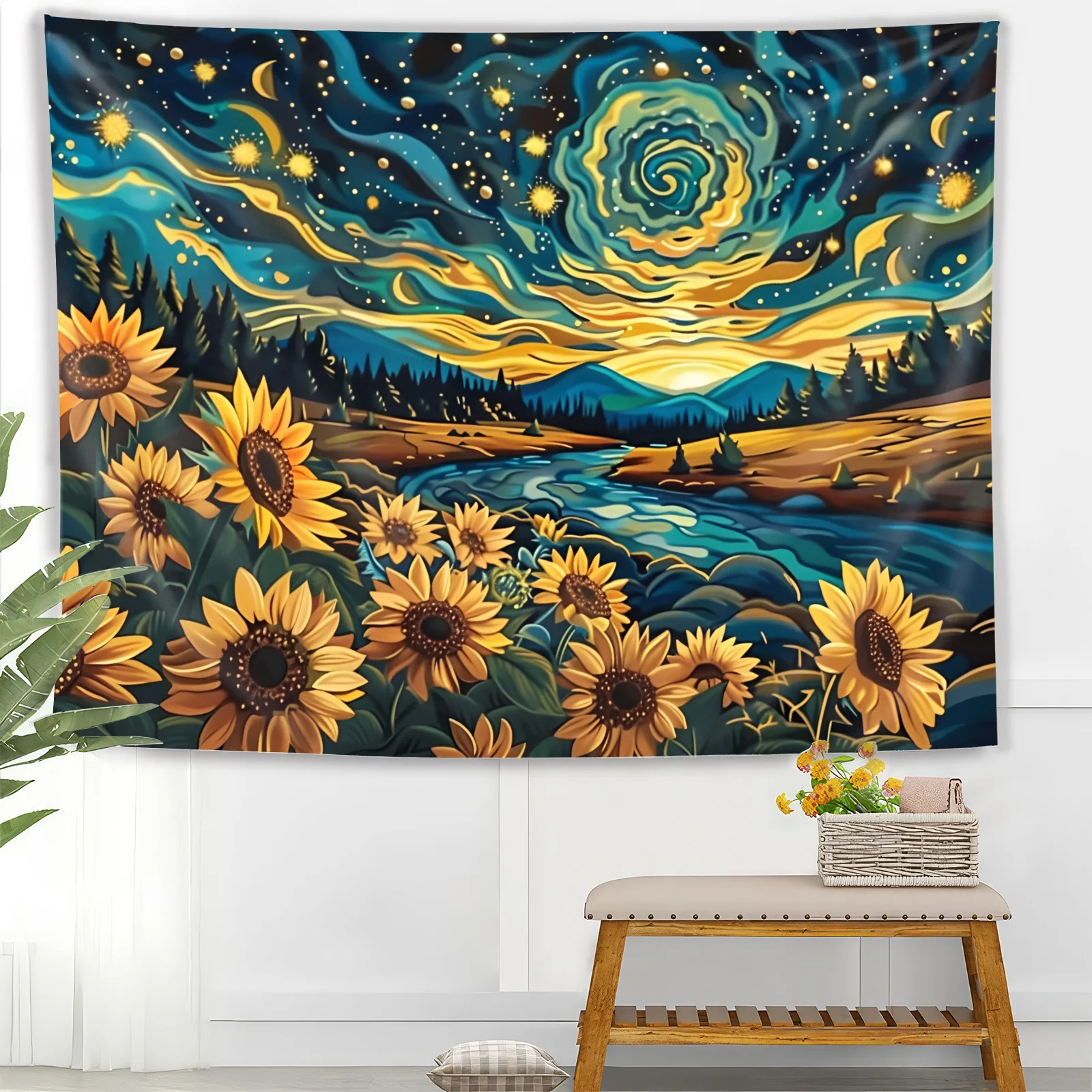 Van Gogh-Inspired Sunflower Field Tapestry – Vibrant Starry Night Sky & Sunflowers Design, Wall Hanging for Bedroom, Living Room