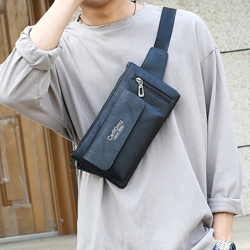 Men's single-shoulder bag is suitable for business travel. It is a PU functional waist bag with a slanted cover design.