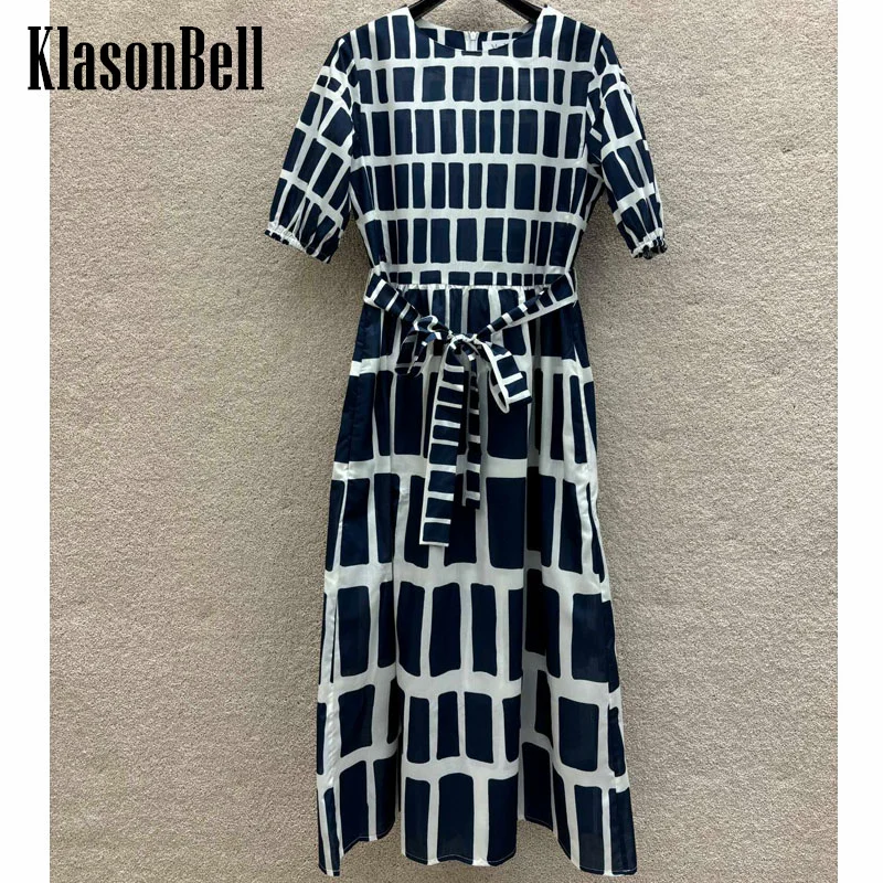 

6.22 KlaasonBell Women Elegant Geomet Print Short Sleeve Dress 2024 Summer New Bowknot Sashes Collect Waist Cotton Long Dress